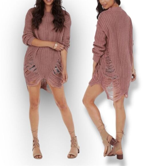 Windsor Dusty Rose Cable Knit Distressed Sweater Dress, Junior Women’s Medium - Picture 2 of 12